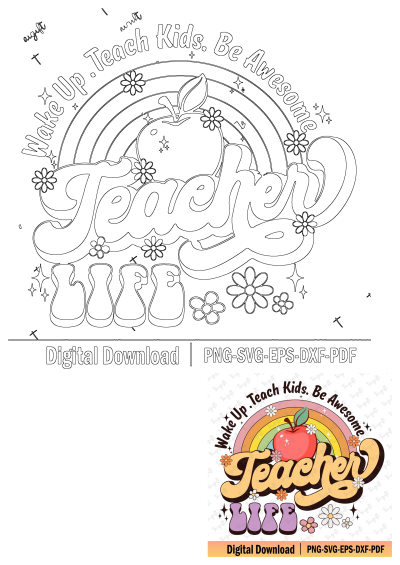 Teacher Life logo with apple and flowers. Features the teacher life logo with an apple and flowers, set against a colorful rainbow.