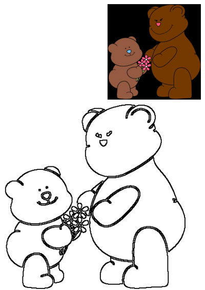 Cartoon image of two brown teddy bears. One bear holds a bouquet of flowers for a larger bear sitting next to it. 