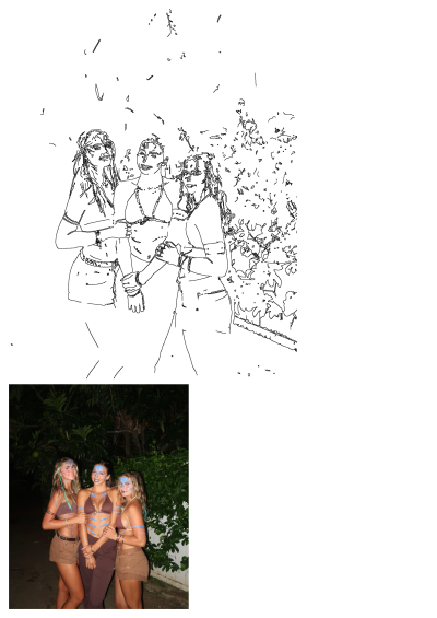 Three young women dressed in Avatar-themed Halloween costumes with blue body paint and brown outfits standing together in front of greenery.