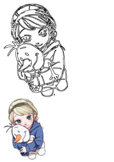 A cute cartoon-style drawing of Elsa from Frozen lovingly hugging Olaf the snowman. A sweet and heartwarming image.