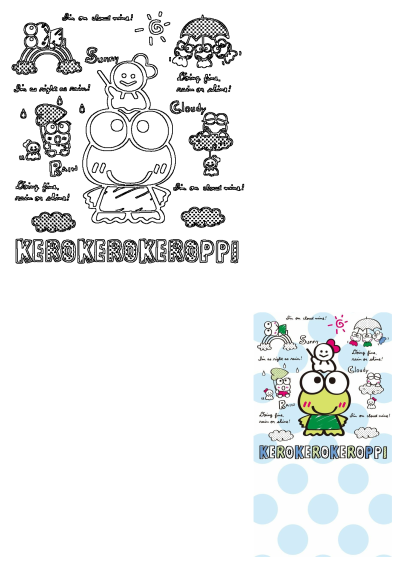 Cartoon frog, Keroppi, surrounded by weather icons like sun, rain, and clouds with corresponding phrases. Cute and cheerful illustration.