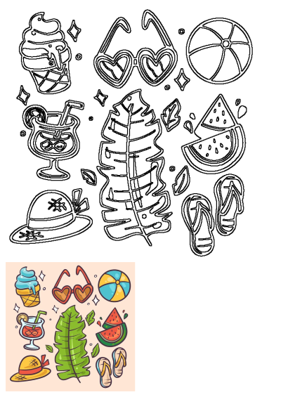 Various summer items are grouped together on a pink background: beach ball, ice cream, heart sunglasses, watermelon, cocktail, and flip-flops.