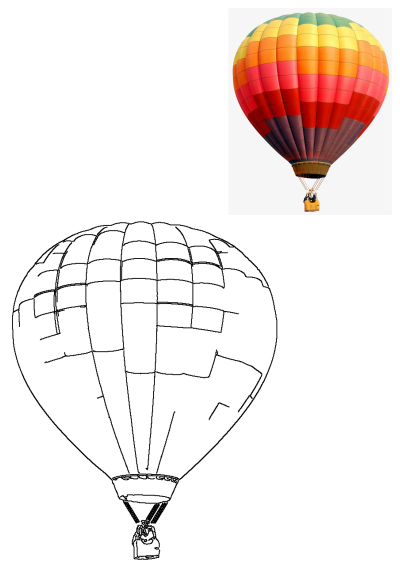 A colorful hot air balloon with green, yellow, orange, red, and brown stripes flying in the sky on a clear day with no clouds.
