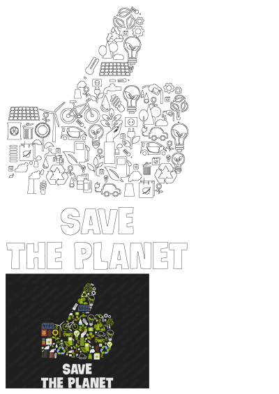 Save the planet poster featuring a thumbs up design filled with green, eco-friendly icons and symbols. Support sustainability and a greener future!
