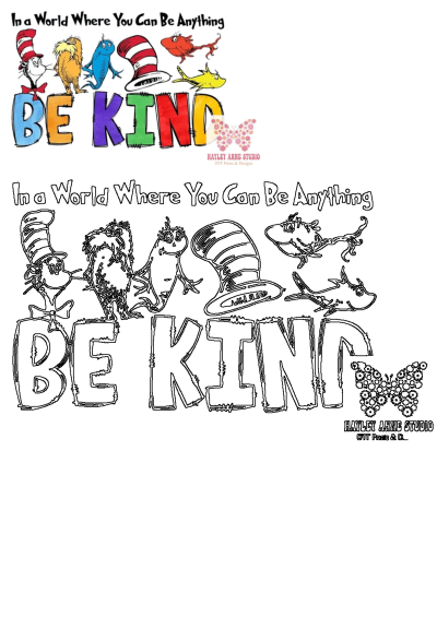 Cat in the Hat and Dr. Seuss characters encourage kindness. Image promoting being kind in a world where you can be anything. 