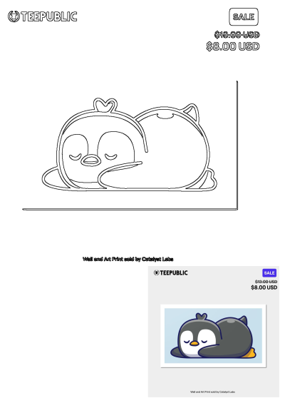 A sticker with a cute cartoon penguin sleeping. The penguin is lying down, looking relaxed and peaceful. 