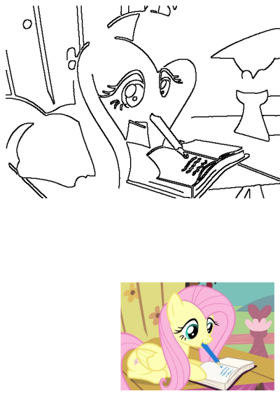 Fluttershy, the kind yellow pony from My Little Pony, is writing in a notebook with a blue pencil, looking thoughtful and creative.