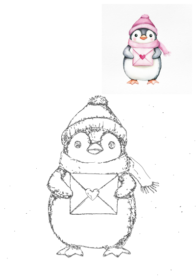 Watercolor painting of a cute penguin wearing a pink hat and scarf. It's holding a pink envelope with a heart on it, perfect for Valentine's Day.