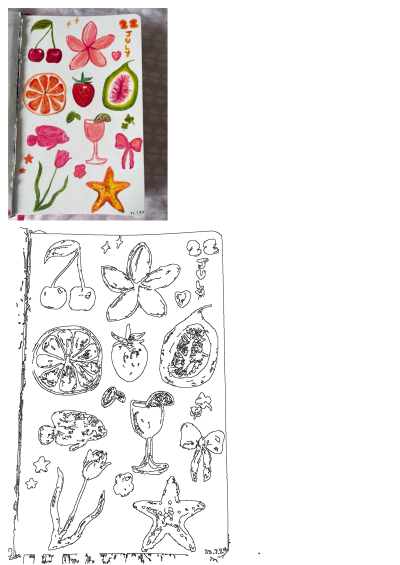 Watercolor drawing of July 22 with fruits, flower, cocktail, starfish, a bow, a fish, a flower and a tulip. 