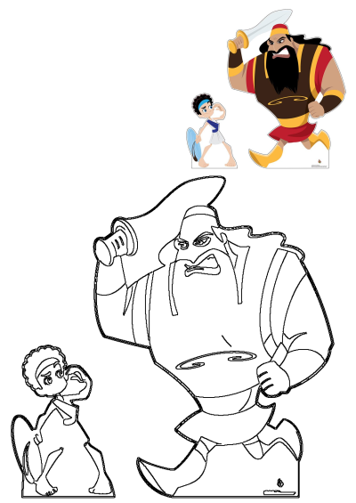 David and Goliath cardboard cutout, from "Creative for Kids." Kid-friendly Biblical depiction, ideal for Sunday school or VBS activity.