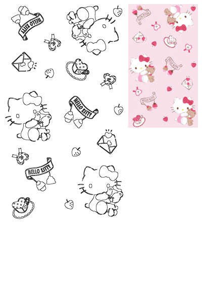 Pink Hello Kitty pattern featuring cupcakes, strawberries, love letters, teacups and Hello Kitty hugging a teddy bear.