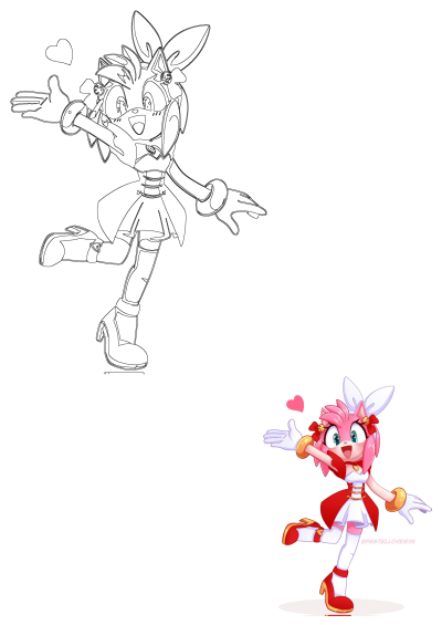 A cute cartoon of Amy Rose, a character with pink hair and red shoes, wearing a red and white dress, cheerfully reaching out with a heart.