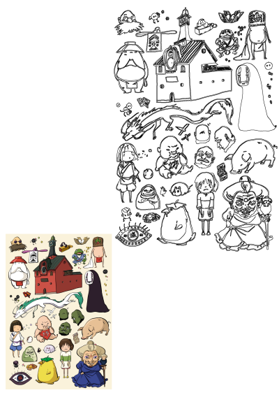An image of various cartoon characters from Spirited Away movie, including Chihiro, Haku, No-Face, Yubaba and others, in a colorful illustration.