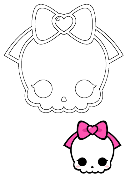 Cute skull with a pink bow and heart.  This image features a cartoon skull with eyelashes and rosy cheeks wearing a pink bow.
