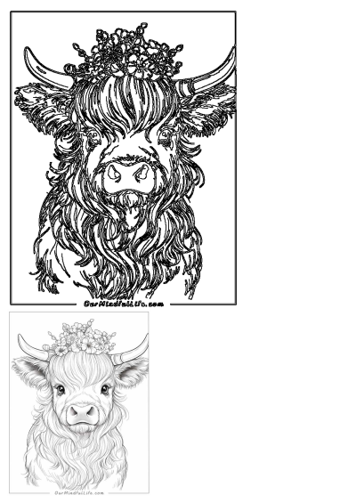 A black and white drawing of a cow with flowers on its head and long horns. Perfect coloring page, shows a sweet highland cow portrait.