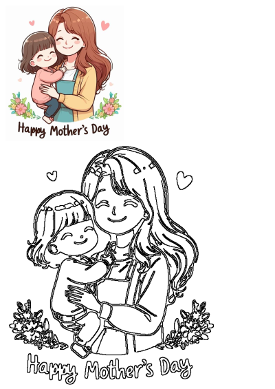 Cute cartoon illustration of a mother holding her child with love. Happy Mother's Day image with floral accents.