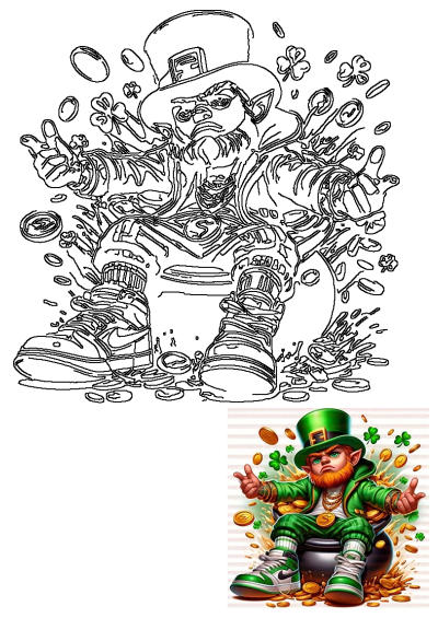 Leprechaun sitting atop a pot of gold, dressed in green with green hat. Saint Patrick's Day theme with gold coins and clovers.