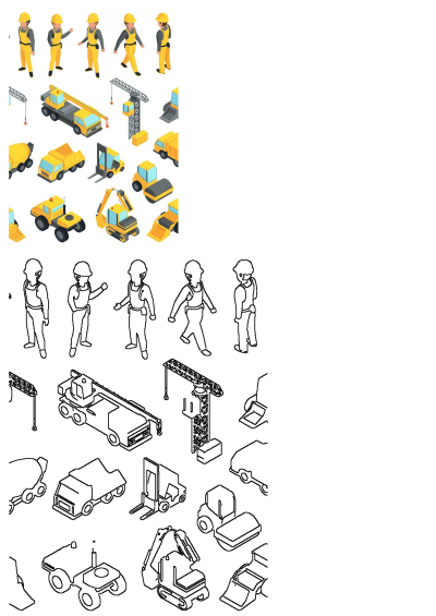 Isometric illustration of construction workers in various poses alongside heavy machinery like cranes, trucks, and bulldozers. People characters