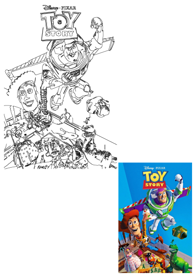 Toy Story movie poster featuring Buzz Lightyear and Woody in the air, alongside an airplane, Rex, Mr. Potato Head, and Bo Peep. 