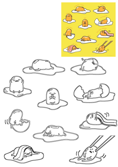 Image of Gudetama, the lazy egg, in various cartoon expressions like 'meh' or 'five more minutes,' on a yellow background. Eggs and hams shape cartoon characters.
