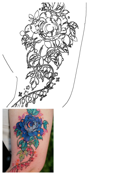Arm tattoo of a vibrant blue rose with a moon inside, surrounded by stars and bleeding heart flowers with green and pink details.