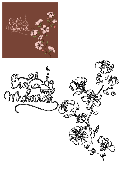 Eid Mubarak greeting card with a mosque and flower illustration on a brown background. Festive Islamic holiday card design.