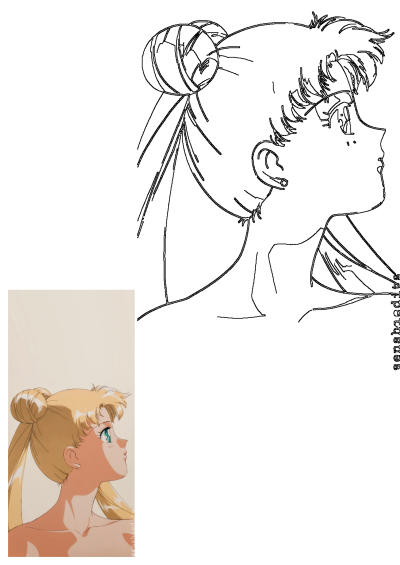 Profile view of Sailor Moon, an anime character with blonde hair styled in odango and long pigtails, and mesmerizing blue eyes looking upwards.