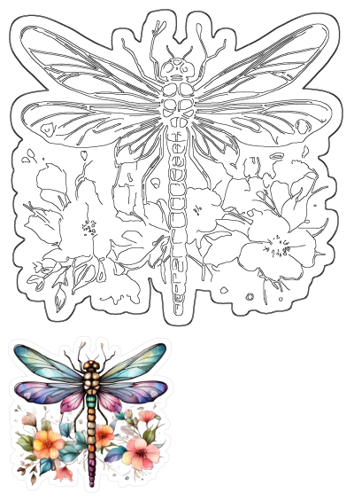 Watercolor painting of a dragonfly with colorful flowers adorning its back and wings. Artistic insect and floral composition.