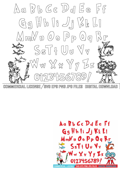 Dr. Seuss and the Cat in the Hat alphabets with numbers, letters and symbols. The image shows a complete red alphabet.