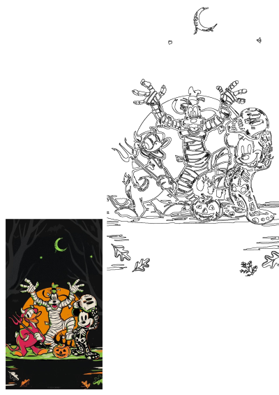 Disney Halloween cartoon featuring Mickey Mouse in a skeleton costume, Donald Duck as a devil, and Goofy as a mummy with a pumpkin.