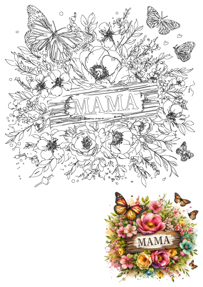 A beautiful illustration with the word 'Mama' on a wooden sign, surrounded by colorful flowers and graceful butterflies. A heartfelt Mothers Day gift.