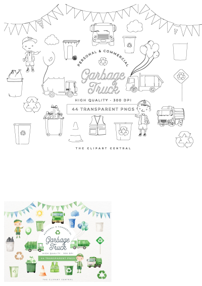 Garbage truck clipart set with green trash cans, flags, and bunting banner in watercolor, perfect for eco-friendly designs.