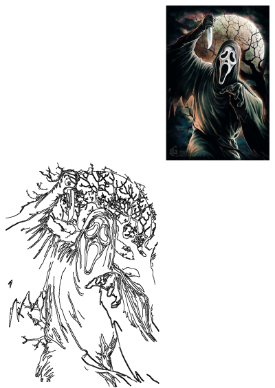 An image of Ghostface from Scream, a ghost holding a knife in front of a full moon and spooky trees. Classic horror movie villain.