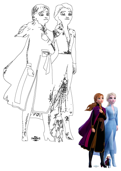 Frozen princesses Anna and Elsa stand side-by-side in elegant outfits. An image of frozen princesses standing next to each other.
