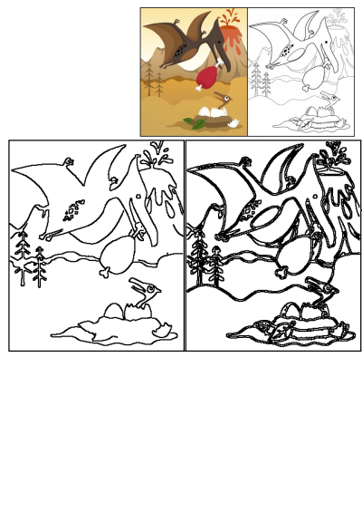 Birds flying in the sky in the coloring pages for children to color on, featuring pterodactyl dinosaur, eggs, and volcano. 