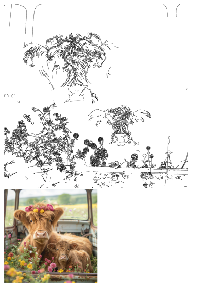 Two Highland cows, mother with floral crown and calf, nestled in an old truck surrounded by wildflowers. A charming scene in a field.