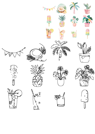 Watercolor image featuring tropical drinks, ice creams, bunting flags, plants, cactus, coconut and more, against a white background. 