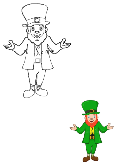 Cartoon leprechaun wearing a green suit and hat. Royalty illustration of a lucky Irish man with his hands out.