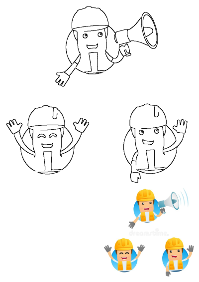 Cartoon construction worker talking into a megaphone and making gestures with his hands in this royalty-free illustration.
