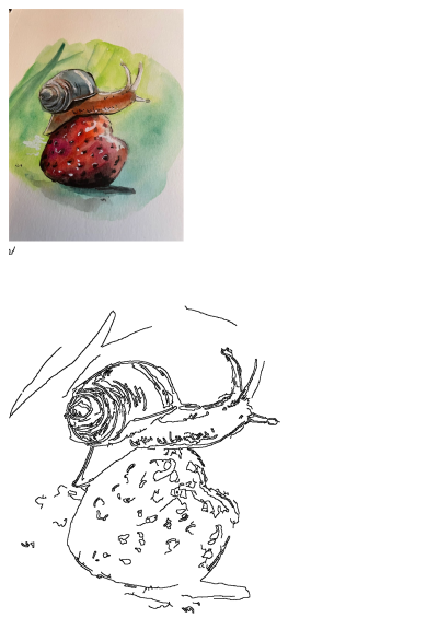 Watercolor painting of a snail on a ripe strawberry. The snail's shell is prominent, and the illustration is whimsical and colorful.