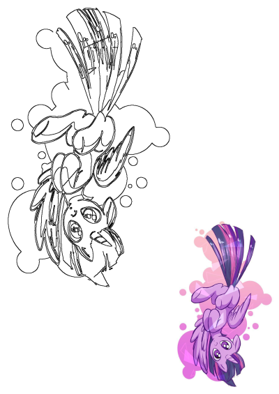 Drawing of a purple pony with long purple hair and pink eyes, flying through the air. A cute cartoon-style illustration.