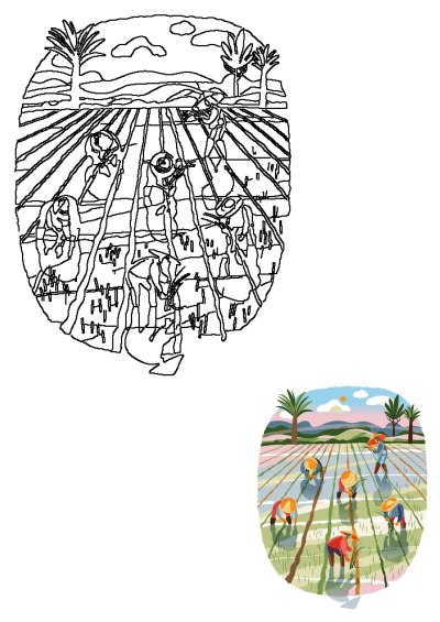 People are working in the field with straw hats, cultivating rice in a vibrant rural landscape under a sunny sky. Agricultural scene.