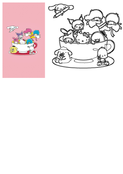 Cartoon characters including Hello Kitty in a teacup against a pink backdrop. The image features Hello Kitty and friends with the words 'Hello Kitty' above.