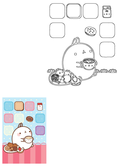 Cartoon image: a cute character enjoys coffee & food with donuts in the background. Ideal for wallpapers, design projects, or cute visuals.