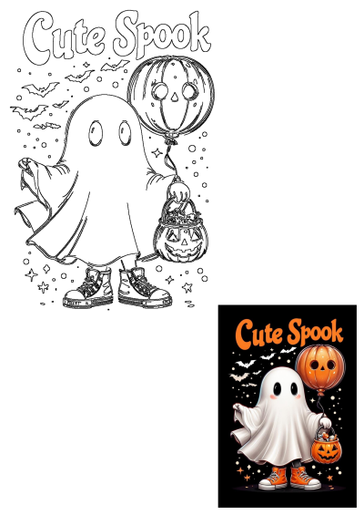 Halloween poster featuring a cute ghost holding a pumpkin bucket and a pumpkin-shaped balloon. A spooky and sweet treat!