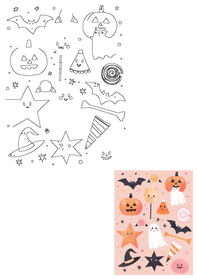 a pink background with lots of halloween items on it and stars, bats, pumpkins