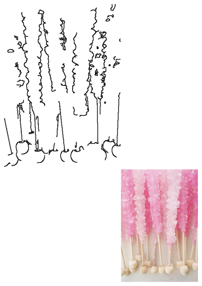 Image of pink and white rock candy sticks lined up, shimmering with sugary crystals on wooden sticks for a sweet treat.