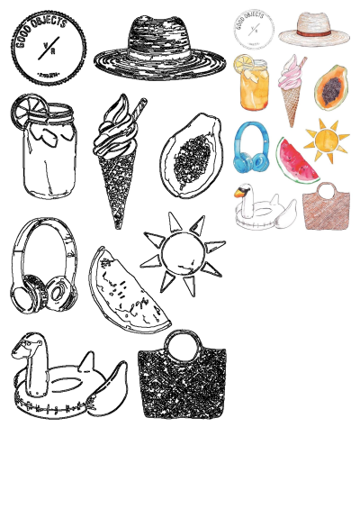 Watercolor summer essentials: hat, ice cream, watermelon, headphones, and sunglasses. A fun image for summer vibes and vacation plans.