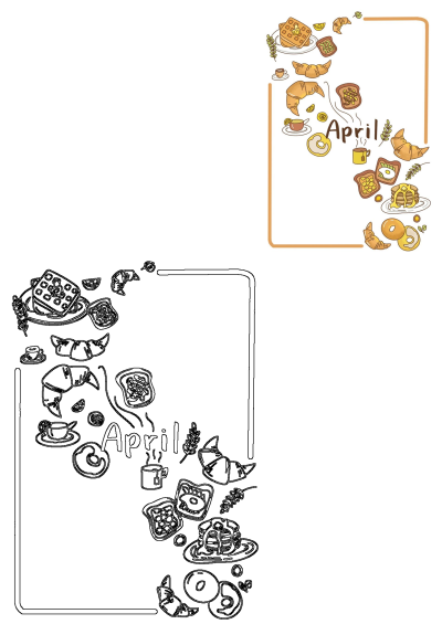 Image of the word "April" surrounded by delicious food items like waffles, croissants, pancakes, and donuts in a whimsical illustration.