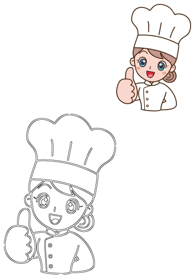Cartoon image of a smiling female chef giving a thumbs up. Friendly character in chef hat and coat, conveying positivity and approval. 